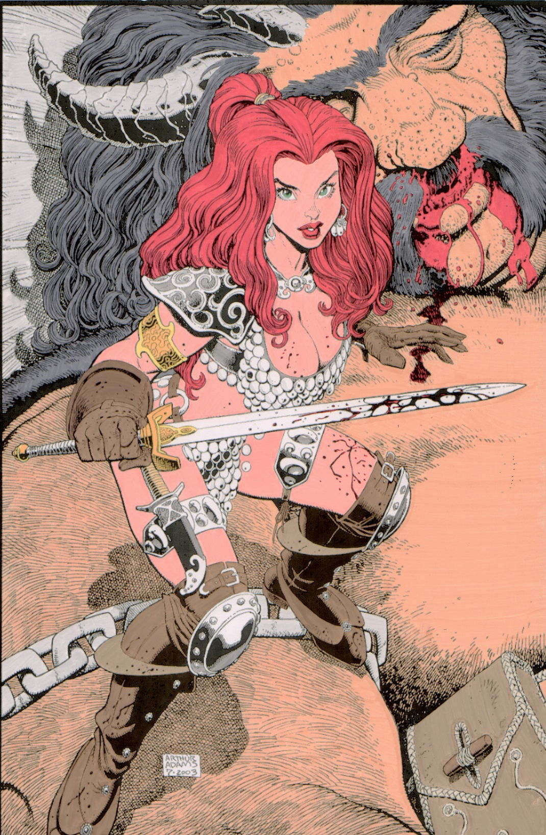 Arthur Adams Red Sonja Cover Variant Hand Colored Print In The