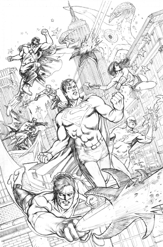 Justice League Vs. Starro Pencils, in Craig Cermak's Pin-Ups & Commissions  Comic Art Gallery Room