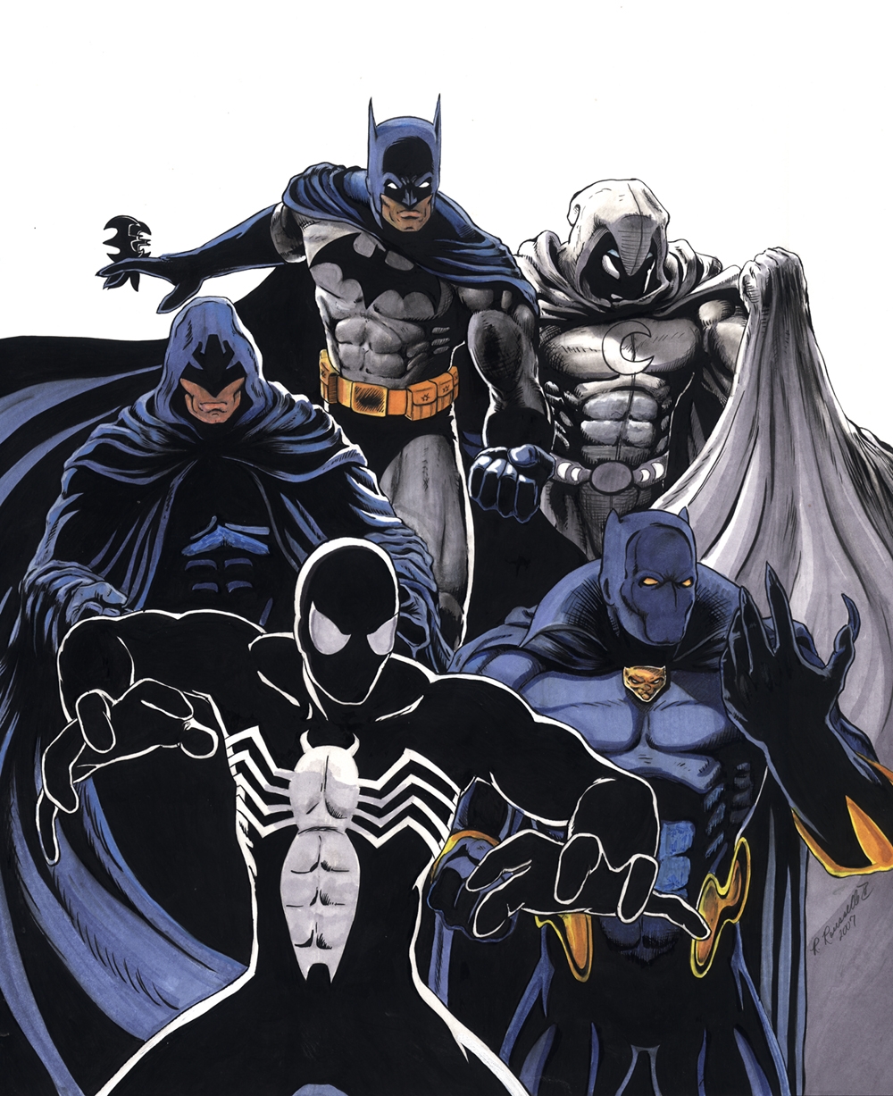Batman,Shroud,Spiderman,Moonknight,And Black Panther, in Ron Rousselle II's  The Bat Family Comic Art Gallery Room
