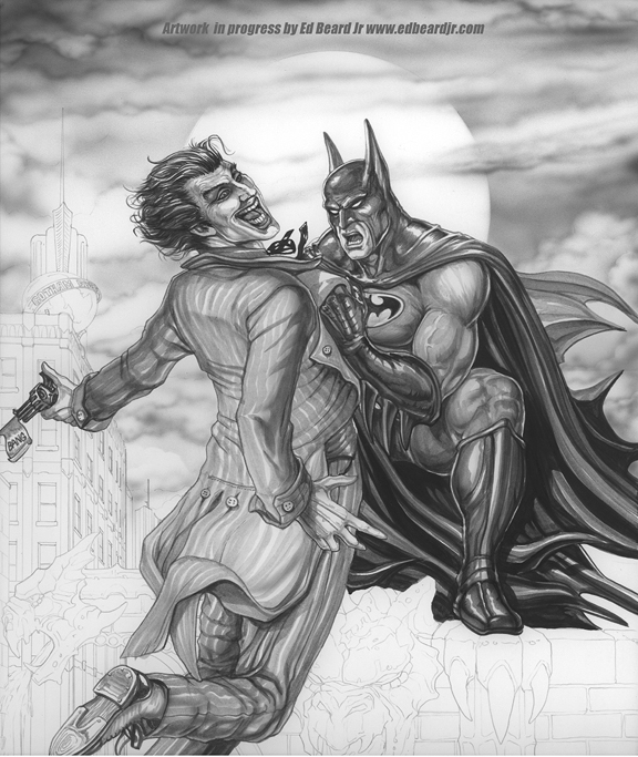 Batman and Joker Prelim Line art Stage 2, in Ed Beard Jr.'s Batman and  Joker Commissions in progress Comic Art Gallery Room