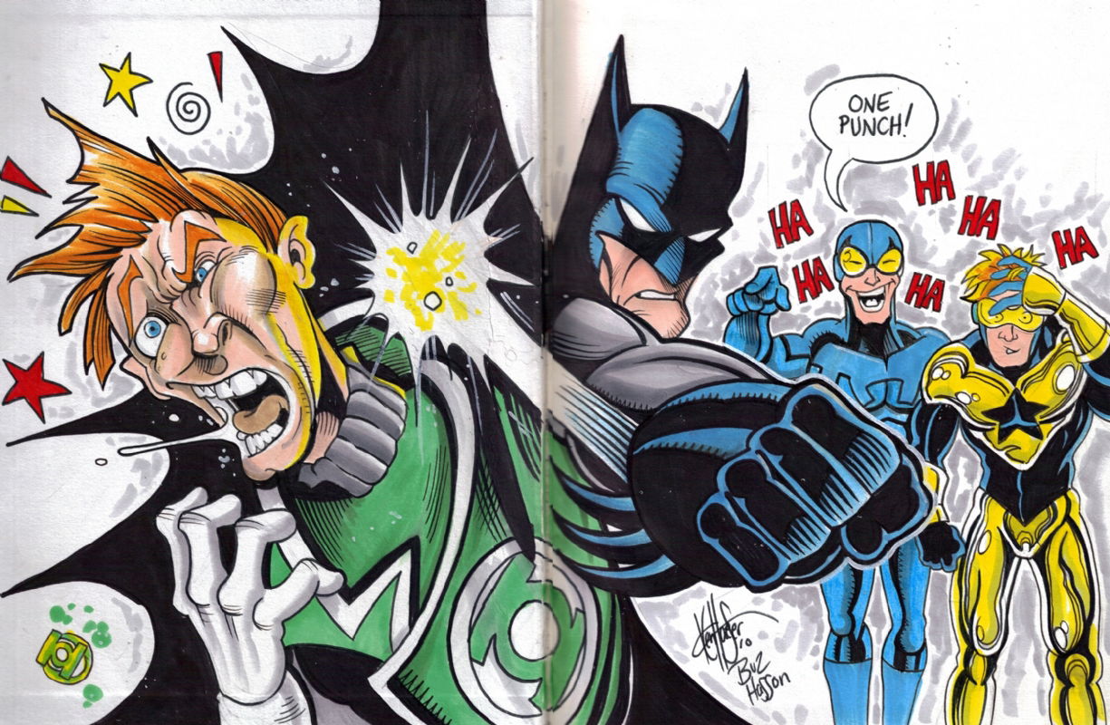 Batman vs. Guy Gardner with Blue Beetle & Booster Gold by Ken Haeser & Buz  Hasson, in Jeff Smith's July 2012: Spider-Man, Batman or Both Comic Art  Gallery Room