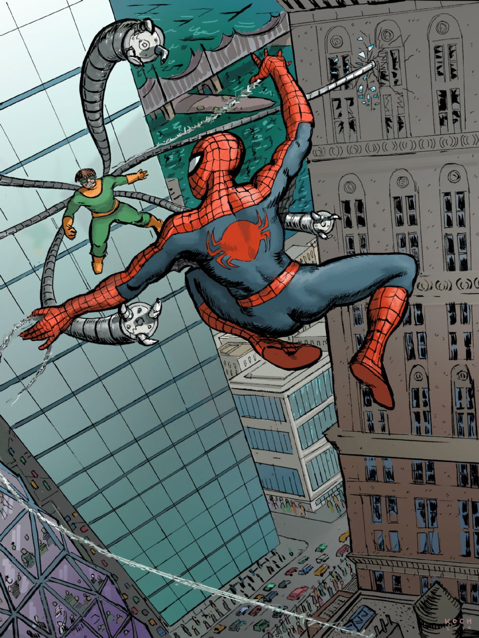 Spider-man vs. Doc Ock over New York City (Michael D. Koch), in Michael ...