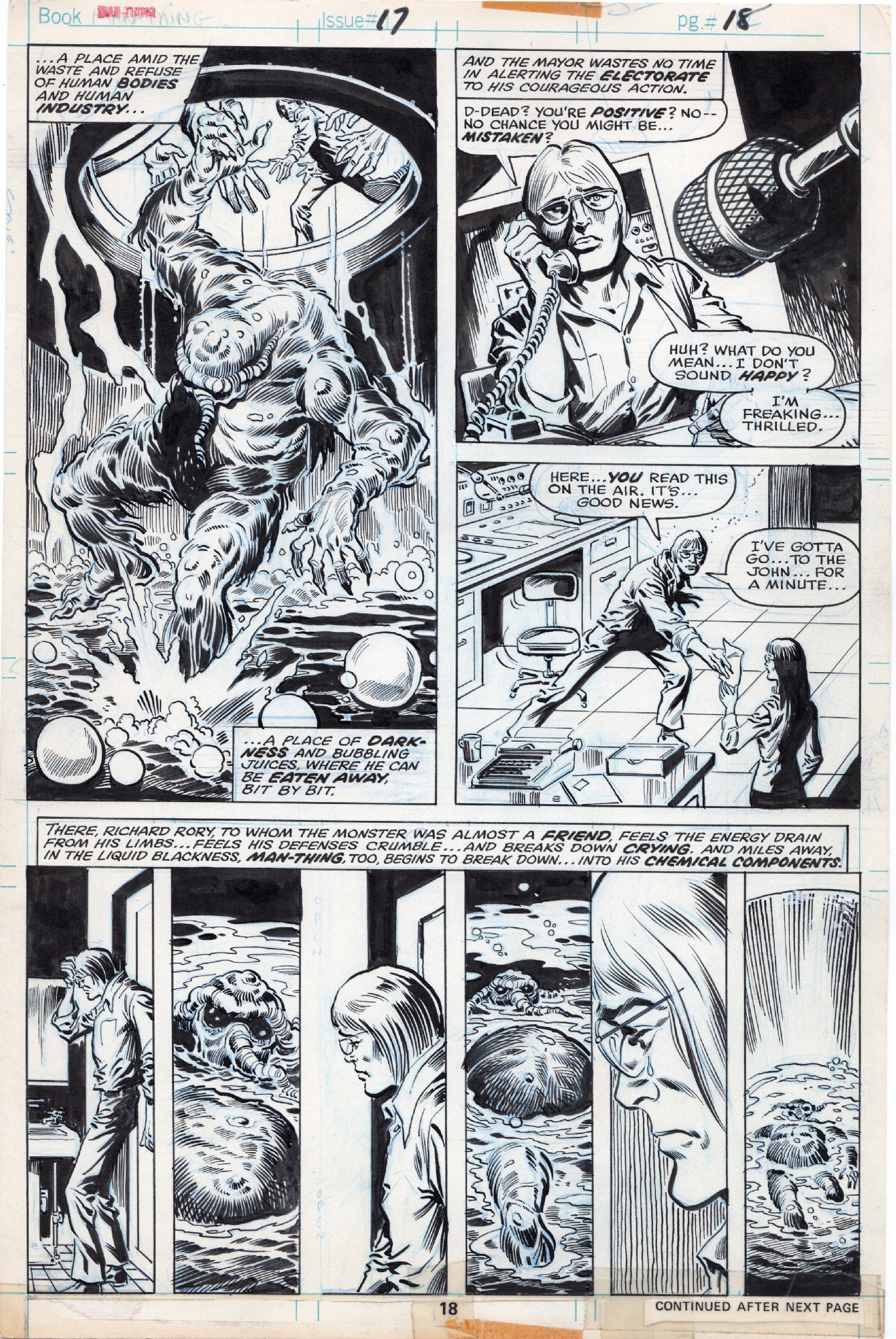 Man-Thing #17 page 18 - plus a note from Jim Mooney to Steve Gerber  (reverse), in Paul Roach's Man-Thing Comic Art Gallery Room