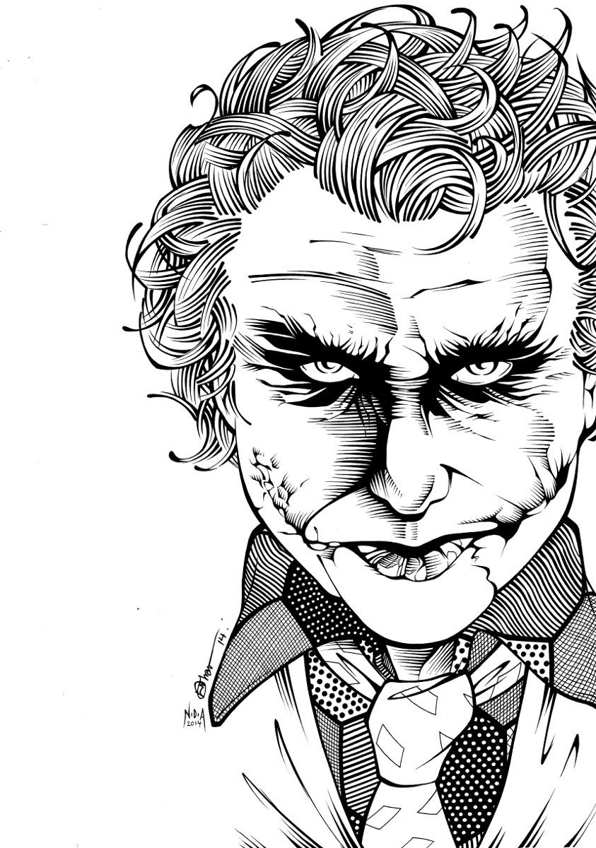 Heath Ledgers Joker, in Nicki Andrews's Inking work Comic Art Gallery Room