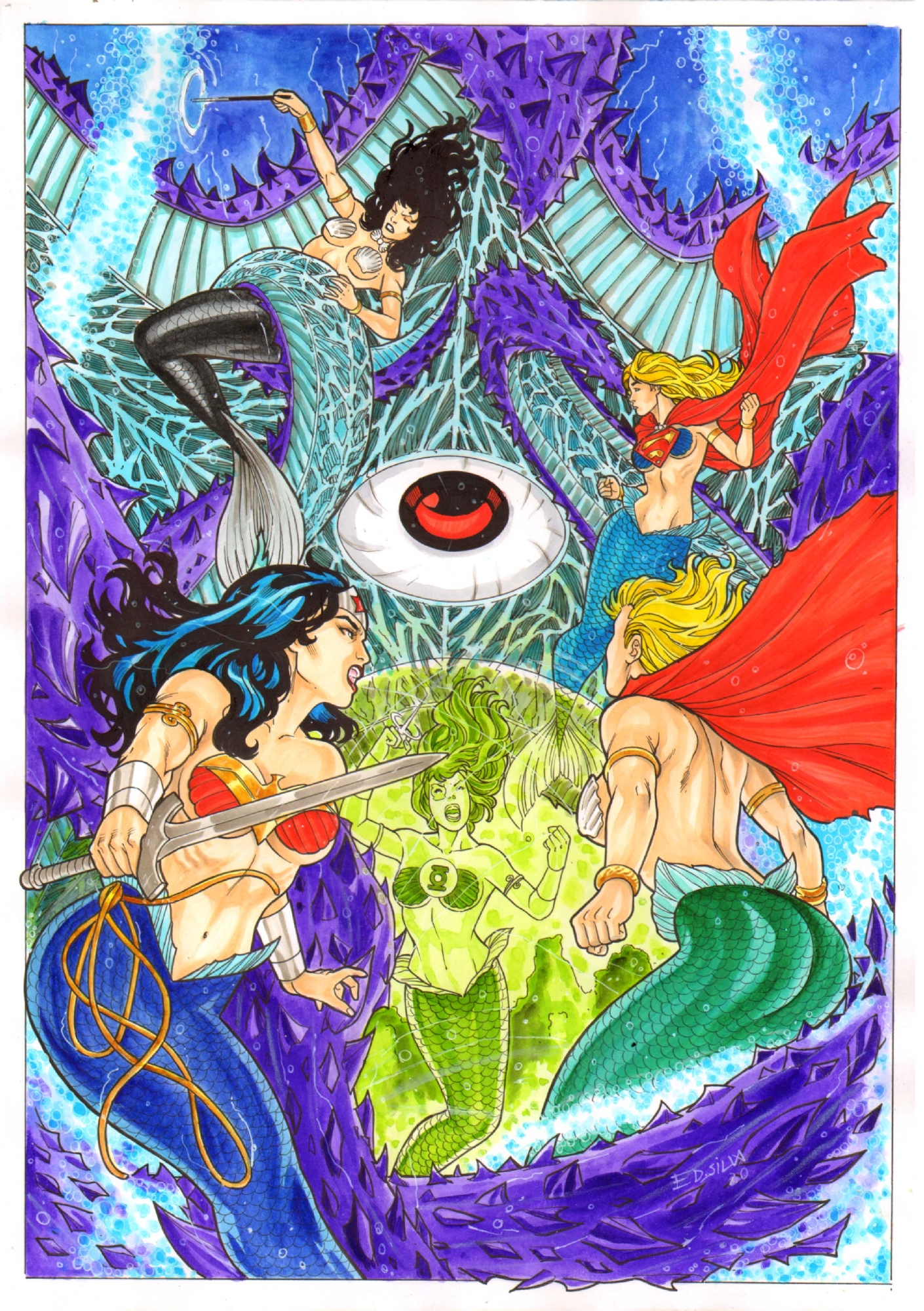Justice League Mermaids vs Starro, in Rico Arts's ED (Ed Silva