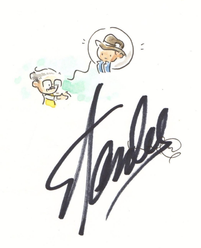 Katie Cook - Stan Lee and Headline Hunter, signed by Stan Lee - 2017  sketch, in Erich M's Golden Age Sketchbook Comic Art Gallery Room