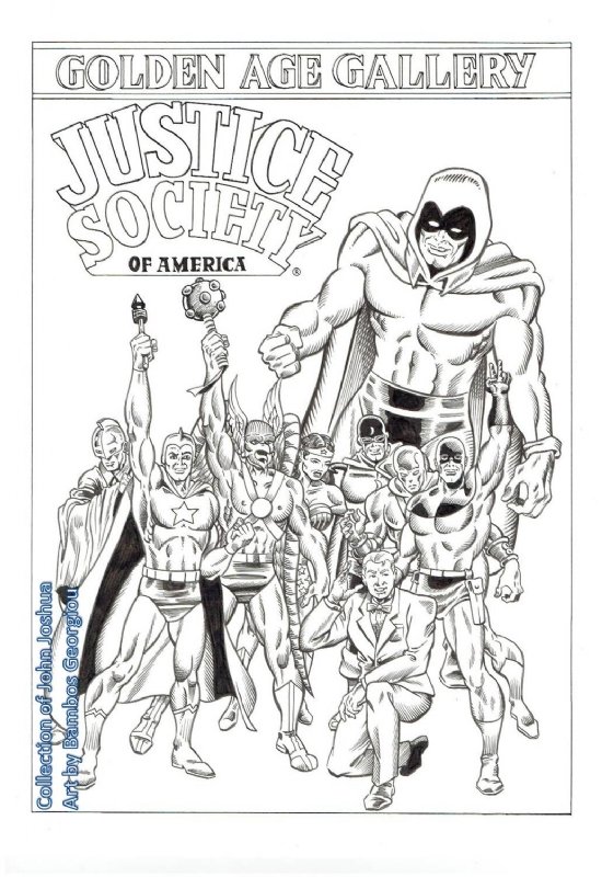 Justice Society Of America Golden Age Gallery pin-up, homage to Sal Buscema  Avengers pin-up, in John Joshua's Golden Age Gallery Comic Art Gallery Room