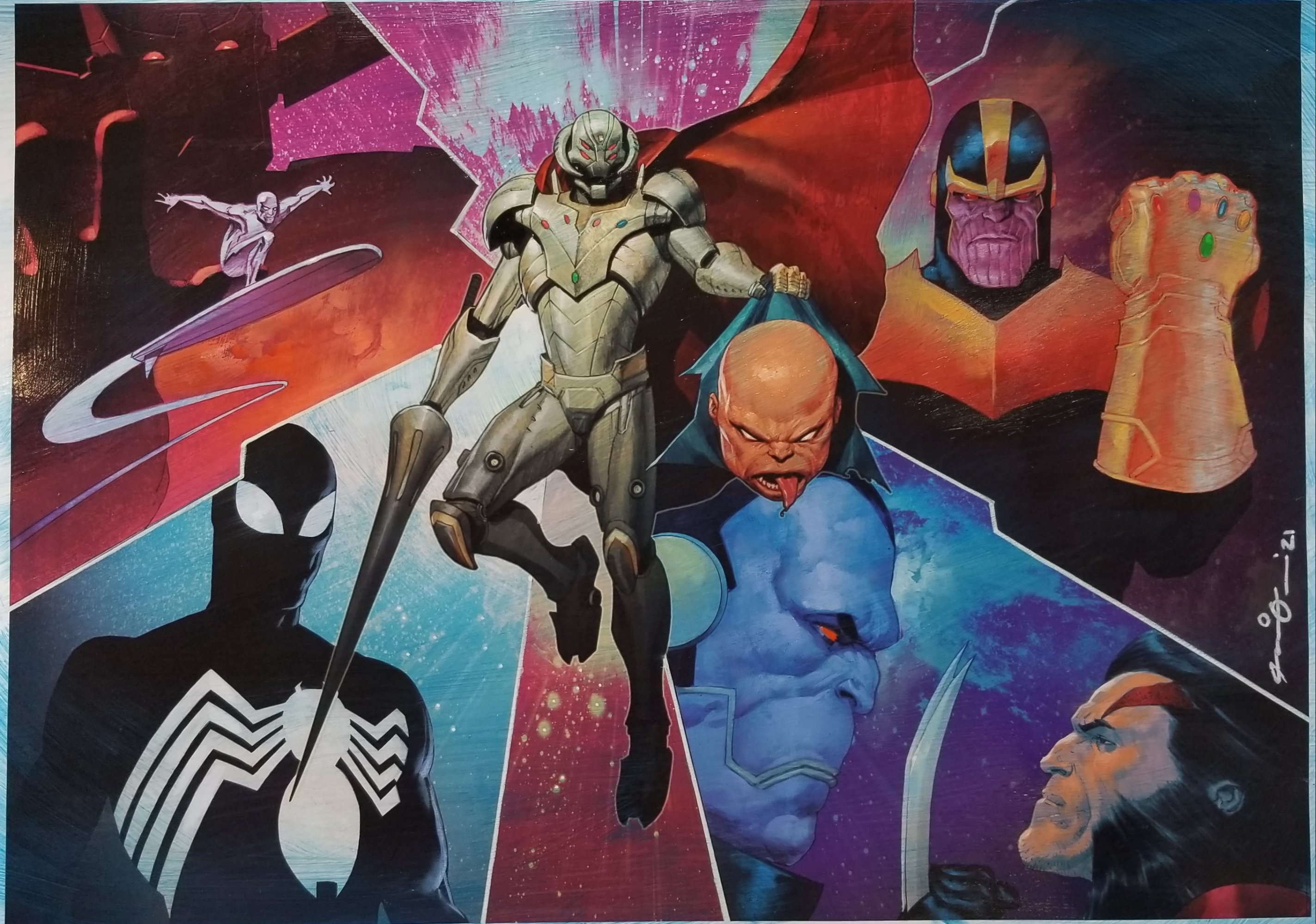 Infinity Ultron and the multiverse painting (What If...Disney Plus  featuring Age of Apocalypse Wolverine, Thanos with Infinity gauntlet,  Coming of Galactus, Black suit spiderman), in JN 80's Avengers/Fantastic  Four Art Comic Art