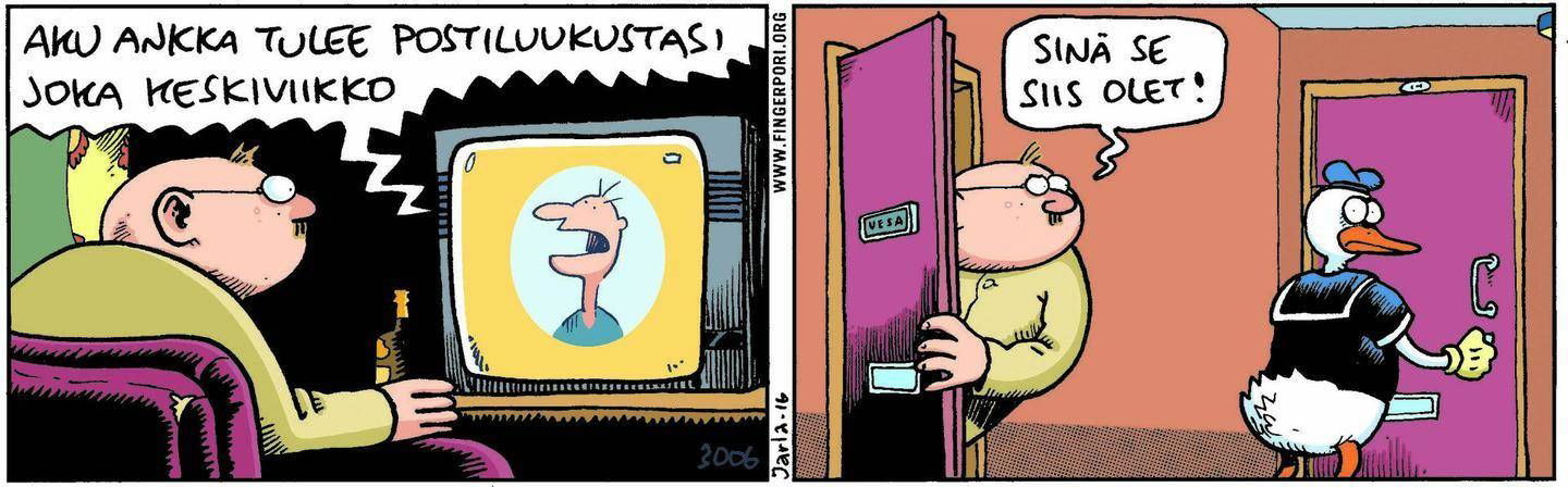 Fingerpori 3006 Donald Duck comes on every Wednesday, in Matti Eronen's  Pertti Jarla: Fingerpori / Karl-Barks-Stadt: Disney characters Comic Art  Gallery Room