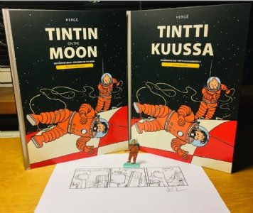 Fingerpori #3852 Tintin on the Moon, in Matti Eronen's Pertti Jarla:  Fingerpori: Superheroes & cartoon characters Comic Art Gallery Room