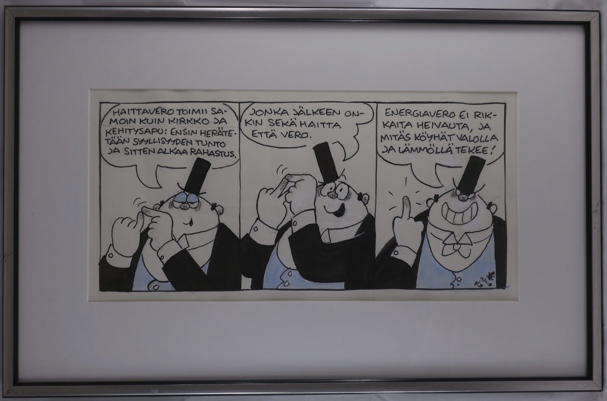 Kari, editorial cartoon  (A new tax for reducing energy consumption  and emissions), in Matti Eronen's Kari Suomalainen 1989 Comic Art Gallery  Room