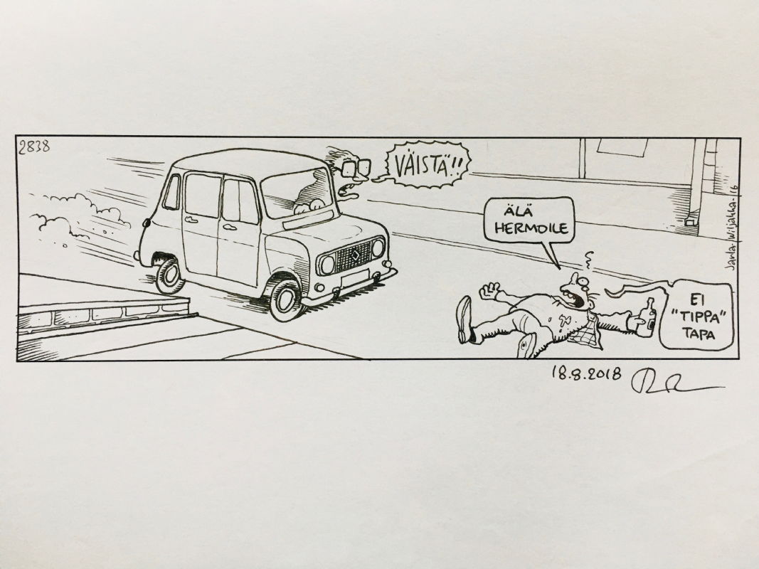 Fingerpori 2838 A Drop won't kill you (Renault 4), in Matti Eronen's Pertti  Jarla: Fingerpori: Cars and other means of transportation Comic Art Gallery  Room