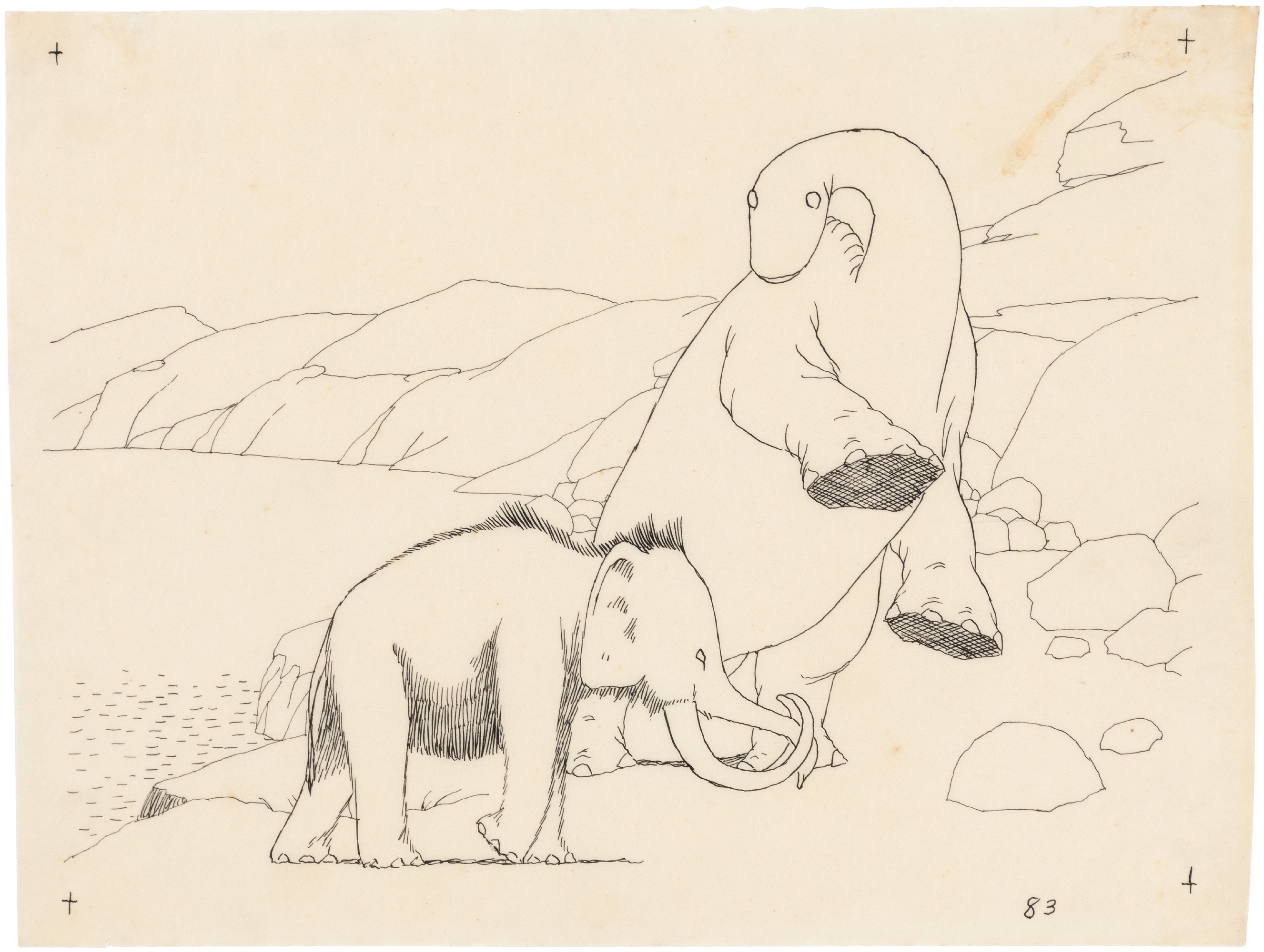 GERTIE THE DINOSAUR & WOOLY MAMMOTH ANIMATION ORIGINAL ART BY WINSOR  McCAY., in Hake's Auctions's Auction #230 September 2020! Comic Art Gallery  Room