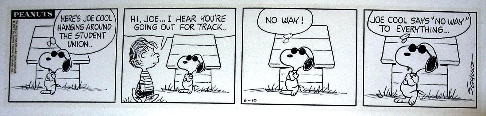 Peanuts Daily With The 4th Appearance Of Snoopy As Joe Cool 10 June 1971 In C E S Schulz Charles Peanuts Comic Art Gallery Room