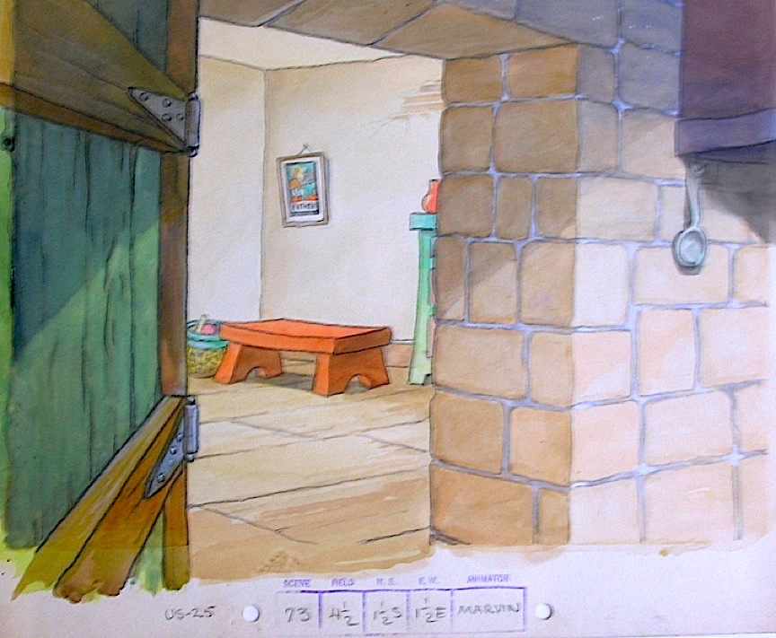 Background Painting of the Interior of the Robber Kitten's House, 1935, in  C E's Disney Studio Pt. 2 - Cels and Backgrounds * Comic Art Gallery Room