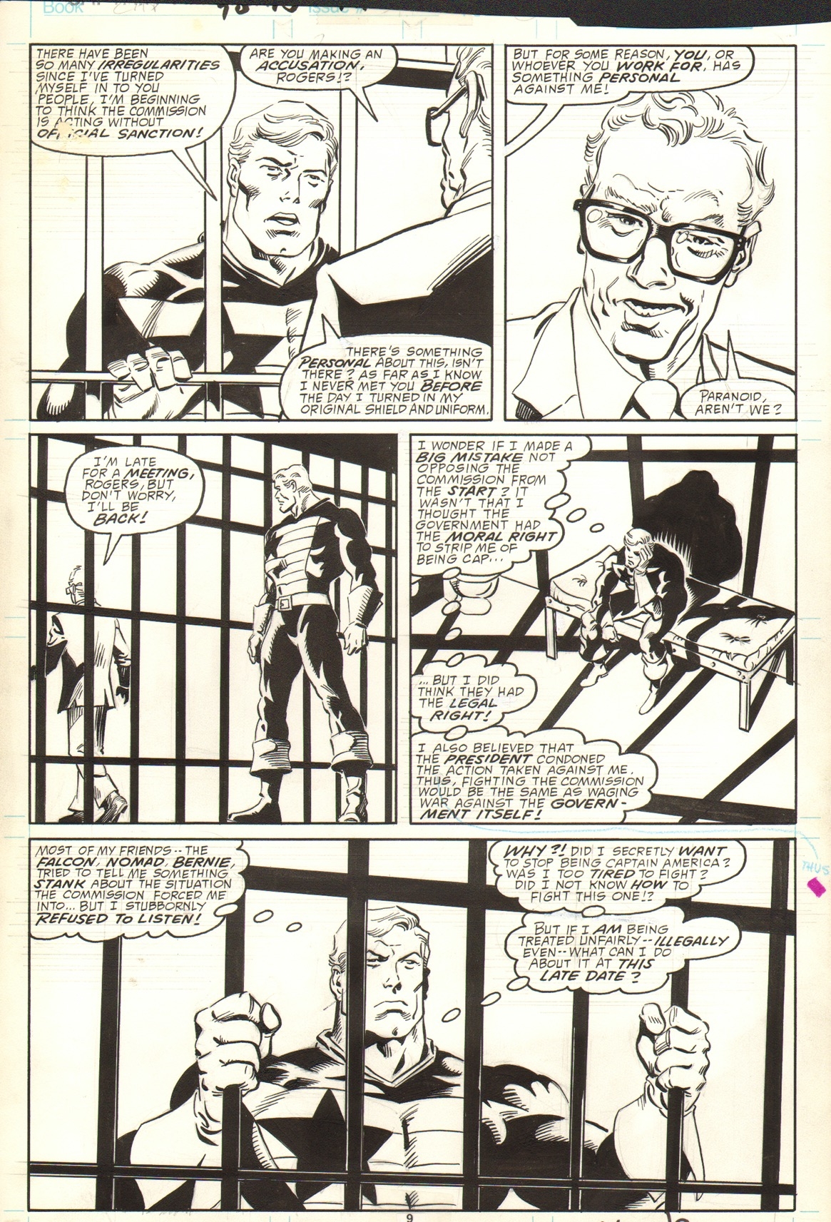 Captain America #347 page 9 The Captain Behind Bars by Kieron Dwyer and Al  Milgrom (1988), in Rick Verbanas's Captain America Original Art - Published  Comic Art Gallery Room