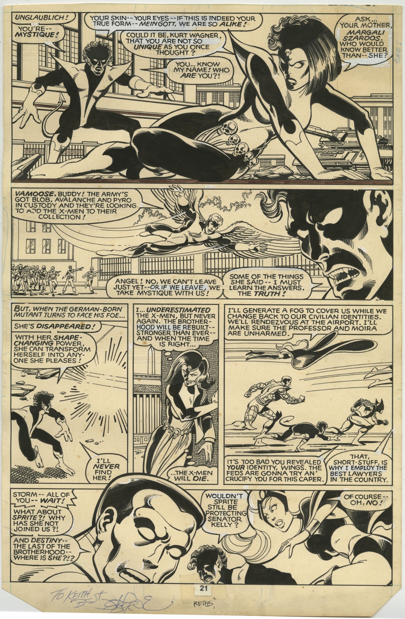 UNCANNY X-MEN #142 PAGE ( 1981, JOHN BYRNE ) DAYS OF FUTURE PAST , MYSTIQUE  HINTS SHE'S NIGHTCRAWLER'S MOM; AUSTIN INKS, in ComicLINK.Com Auctions's  CLOSED FEATURED AUCTION HIGHLIGHTS - 022018 Comic Art Gallery Room