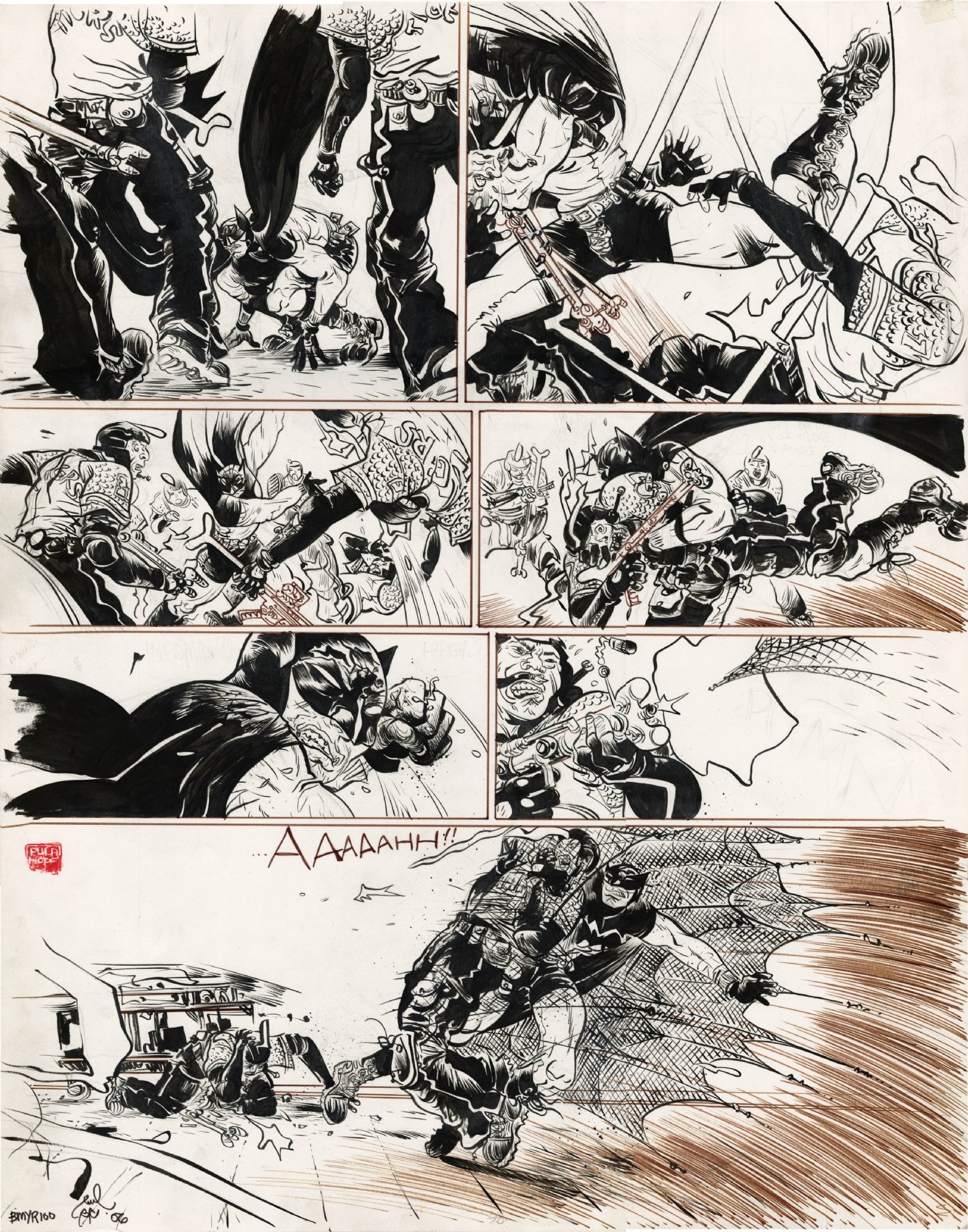 BATMAN: YEAR 100 #2 PAGE ( 2006, PAUL POPE ) BATMAN OF THE FUTURE IN BATTLE ACTION, in ComicLINK.Com Auctions's CLOSED AUCTION HIGHLIGHTS - Comic Art Gallery Room