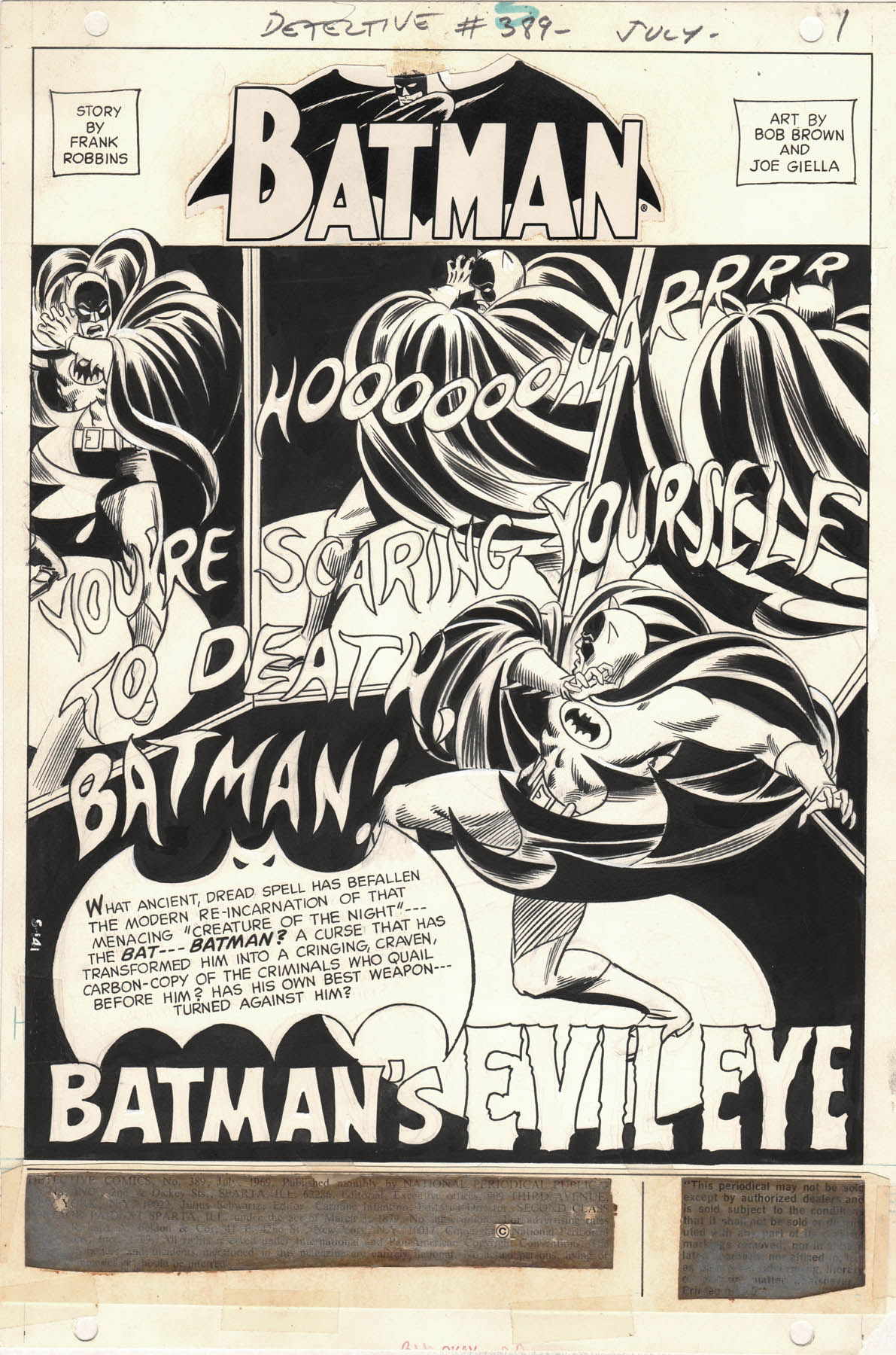 BOB BROWN DETECTIVE COMICS #389 PAGE 1 TITLE SPLASH (1969, RARE SILVER AGE  BATMAN TITLE SPLASH WITH STRONG BAT IMAGES), in  Auctions's  CLOSED FEATURED AUCTION HIGHLIGHTS - 08/2020 Comic Art Gallery Room