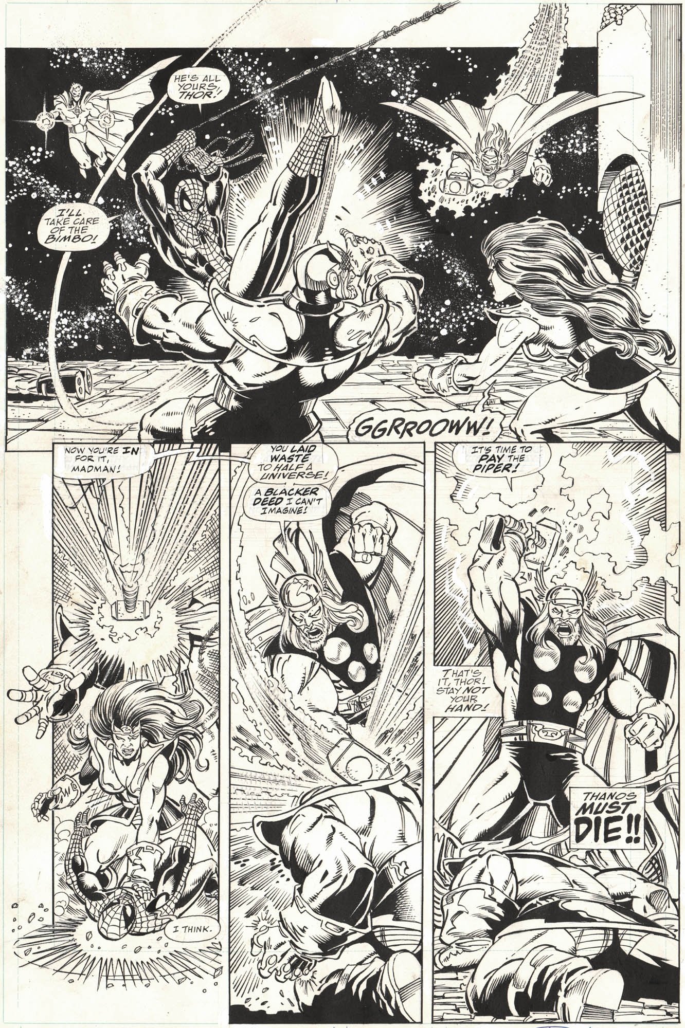 Comic Art Shop :: Original Art Auctions and Exchange: 's Comic  Art Shop :: GEORGE PEREZ AND RON LIM INFINITY GAUNTLET #4 PAGE 28 (Epic  battle page: Spider-Man and Thor battle Thanos