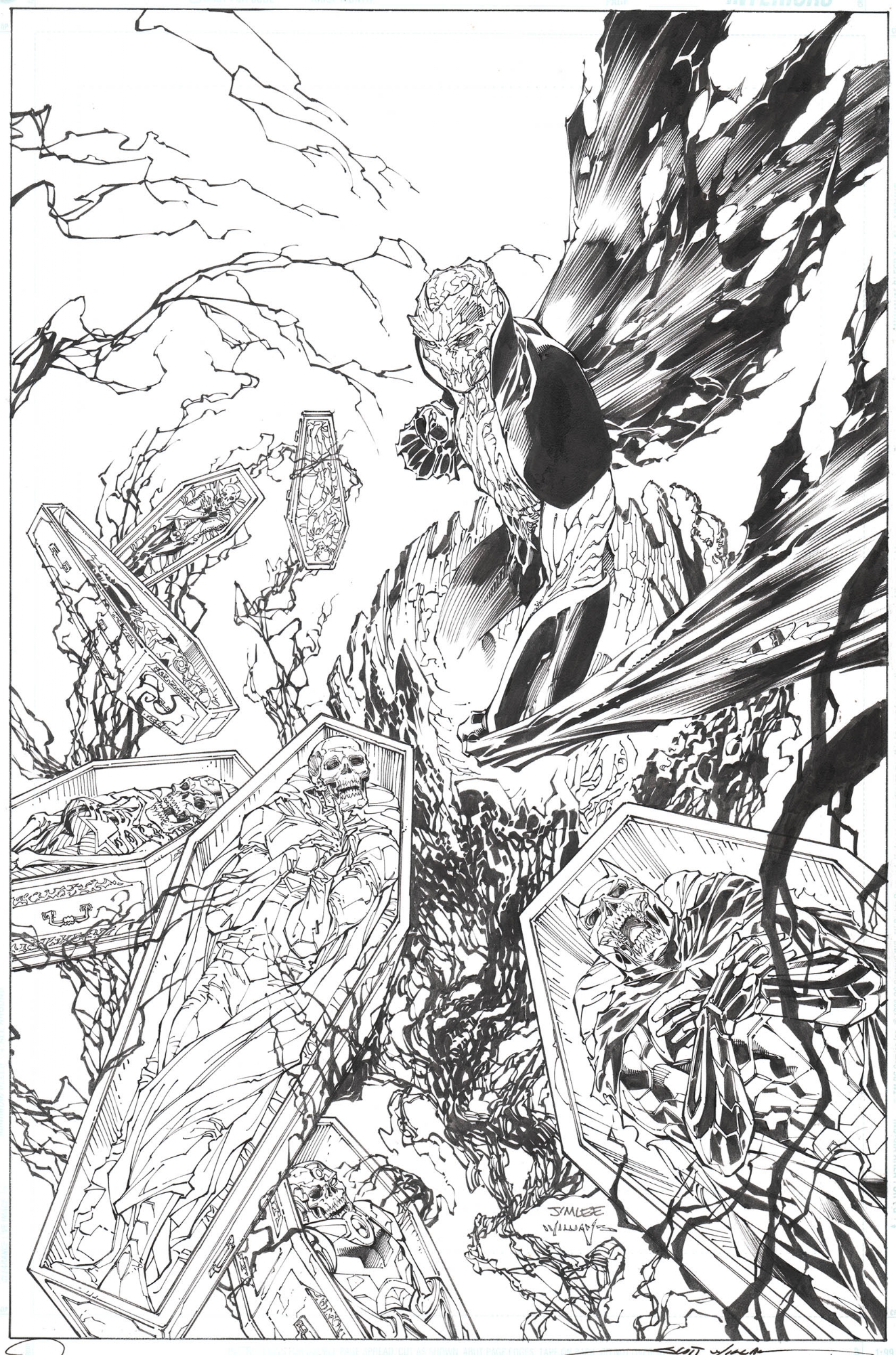 JIM LEE JUSTICE LEAGUE #10 COVER (2012, THE DEADLY GRAVES FLIES ABOVE  CASKETS FILLED WITH SKELETAL JUSTICE LEAGUE MEMBERS), in ComicLINK.Com  Auctions's CLOSED FEATURED AUCTION HIGHLIGHTS - 08/2022 Comic Art Gallery  Room