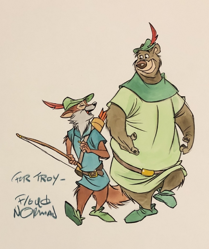 Colour full figure sketch of Disneys Robin Hood and Little John by Floyd Norman Comic Art