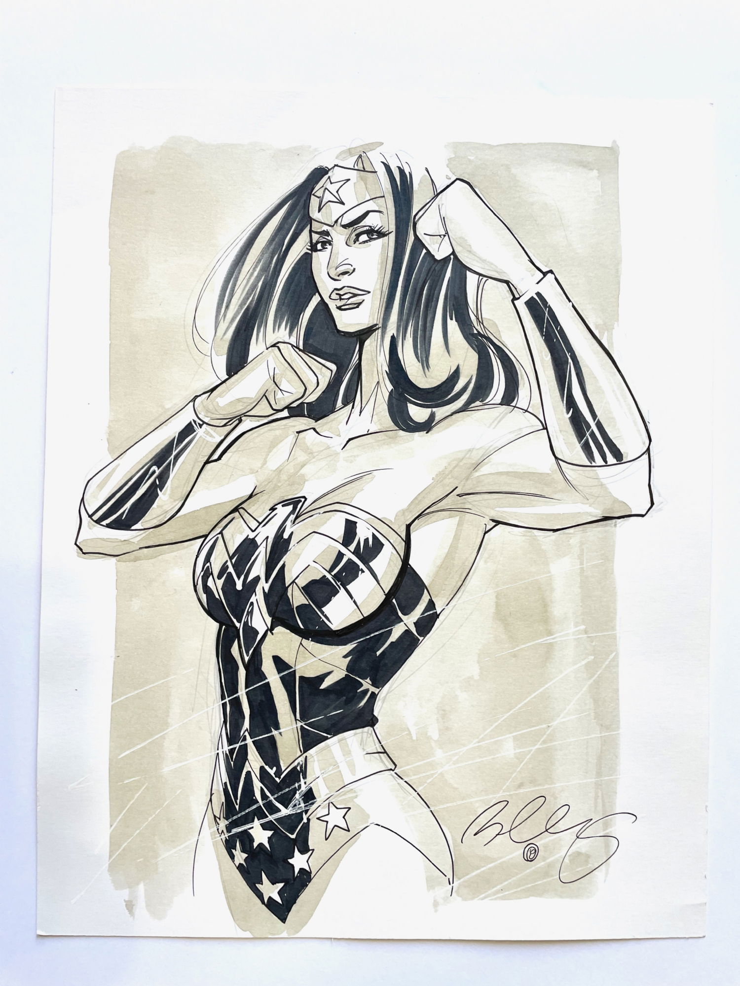 Signed Bernard Chang Wonder Woman Marker Wash Commission 11x14, In 