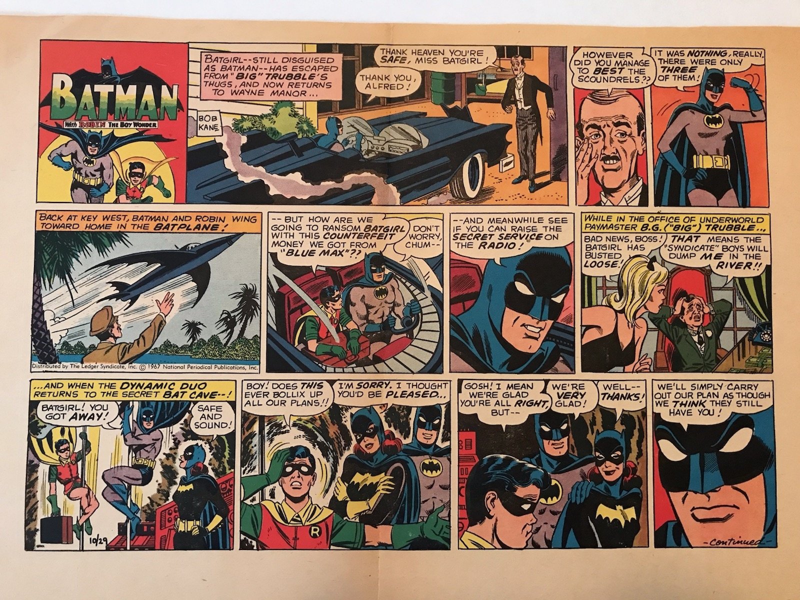 Batman and Robin Sunday newspaper strip Color Guide and Proof 10-29-1967  with Batgirl, in Dewey Cassell's DC - Batgirl Comic Art Gallery Room