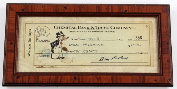 Billy DeBeck - Illustrated Check with Barney Google Drawing - 1931 Comic Art