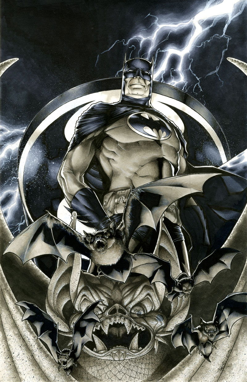 Batman on a Gargoyle by Richard Cox, in Wednesday's Heroes's Examples of  Our Artists Work Comic Art Gallery Room