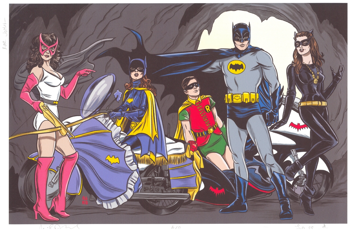 Mike Allred Batman '66 - Batman Family (Catwoman, Batgirl, Robin, Huntress)  colored, in John Burk's Original Art Comic Art Gallery Room