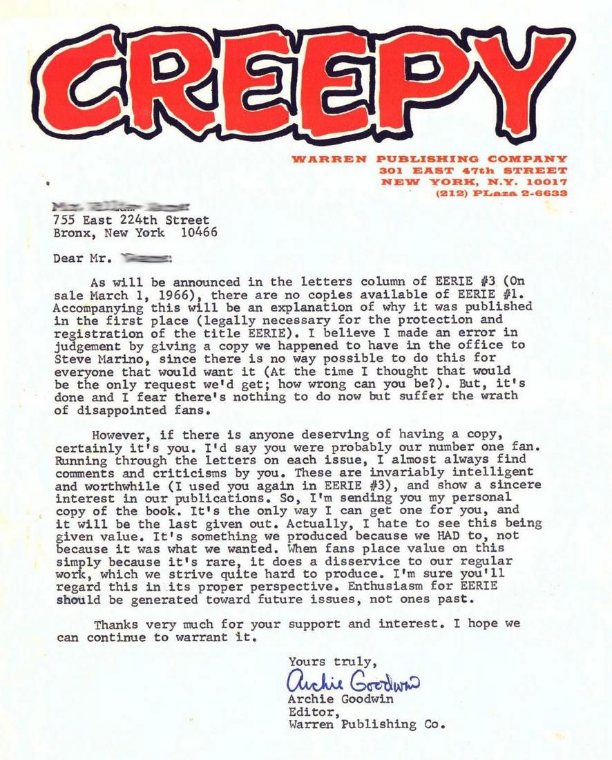 Personal Letter From Archie Goodwin, In Jim Warden's Davis, Jack Comic ...