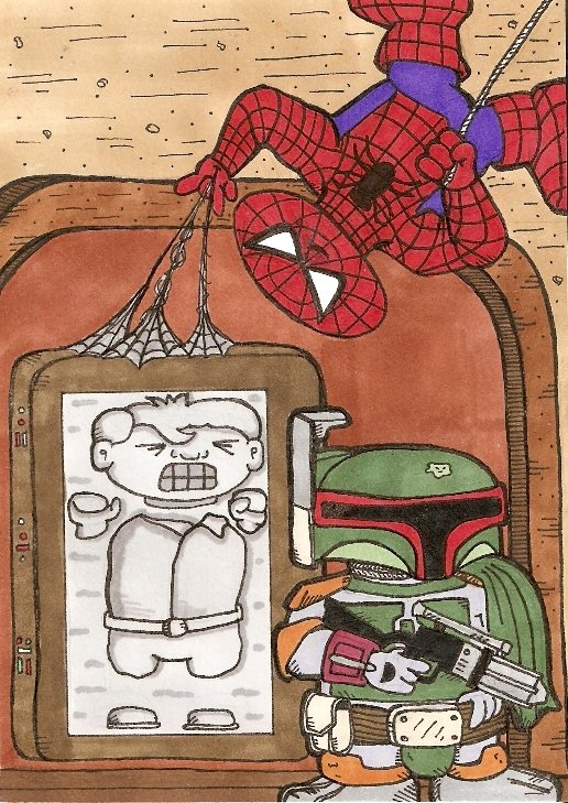 Spiderman vs. Boba Fett, in Charles Raymond's Personal Sketch Cards Comic  Art Gallery Room