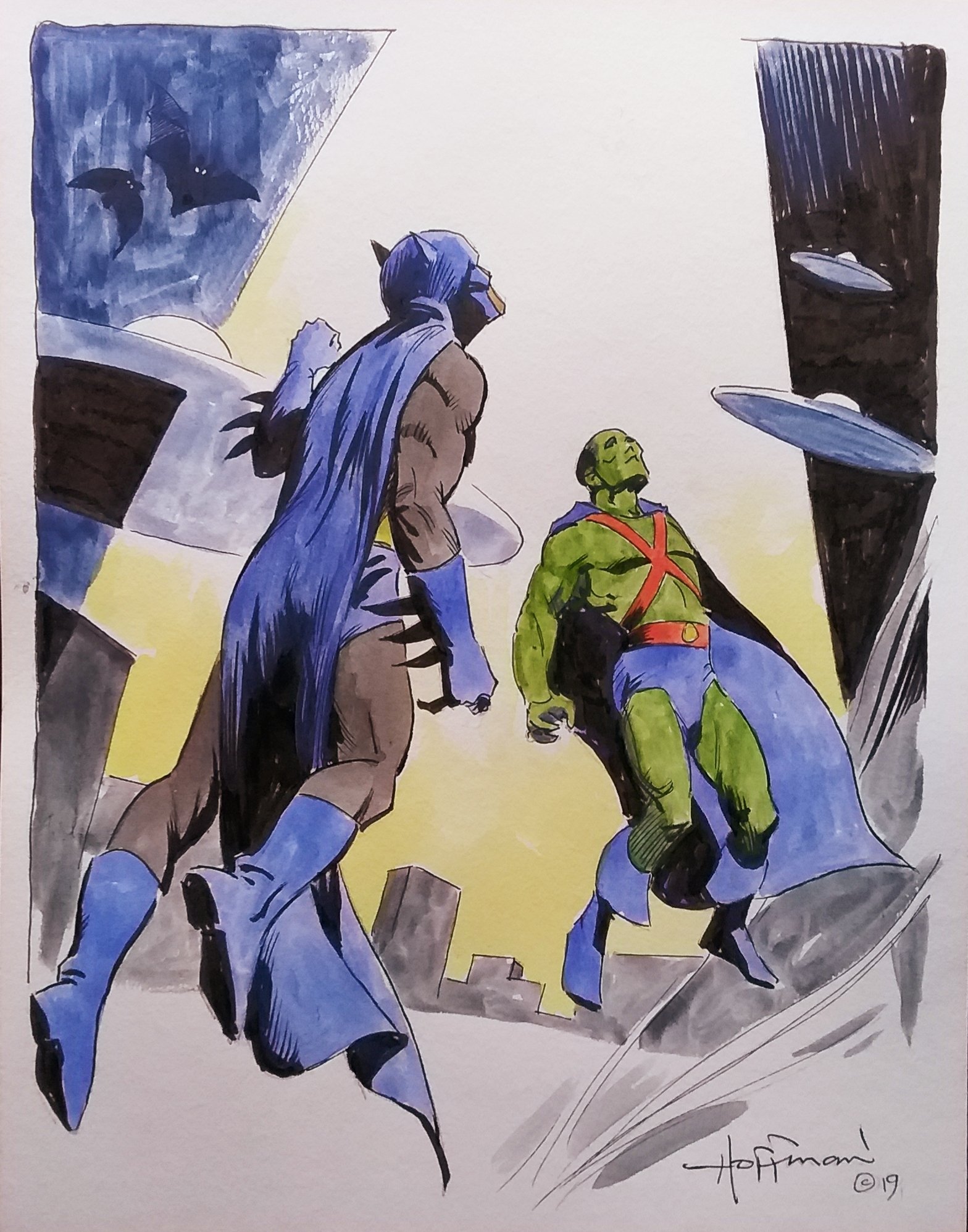 Batman and Martian Manhunter of the Silver Age face an alien invasion, in  Arthur Chertowsky's Artist - Mike Hoffman commissions Comic Art Gallery Room