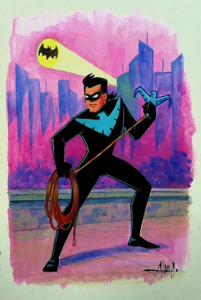 Nightwing action-ready animation style pin-up, in Arthur Chertowsky's ...