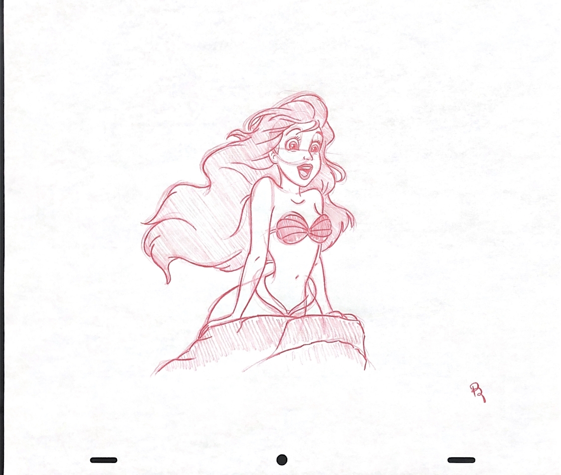Disney : The Little Mermaid , Ariel on a rock . Drawing signed by