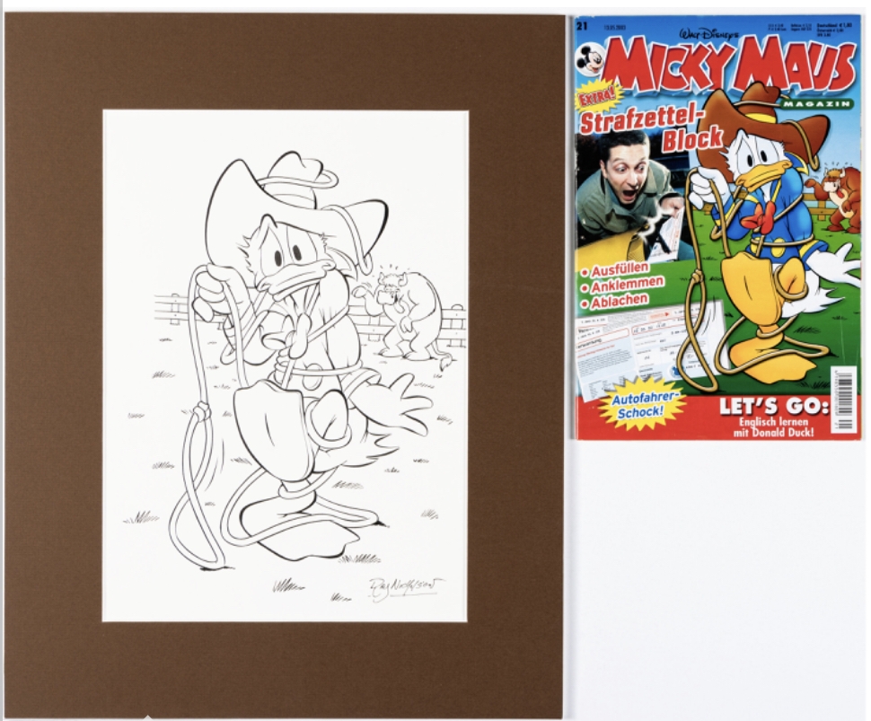 Micky Maus Magazin #21 Donald Duck Cowboy Cover Illustration with Magazine  (Walt Disney ) Artist : Ray Nicholson, in Roland Benton 's Disney ***  German Mickey Mouse magazine by Dutch cartoonist Ray