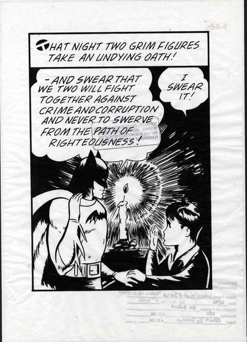 DeGUZMAN, ALBERT re-inking BOB KANE - Batman & 1st Robin's oath - Warner  Brothers Store Litho Art 1996, based on Detective Comics #40 1940, in  Stephen Donnelly's _COMIC BOOK ART: Covers -