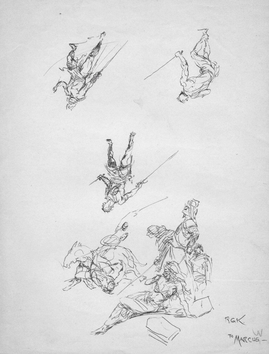 KRENKEL, ROY signed - Desert battle scene & Swordsmen sketch page, in