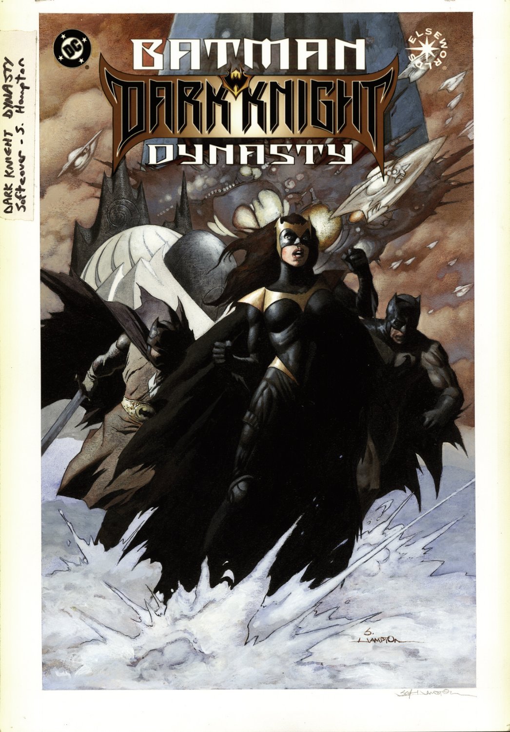HAMTON, SCOTT - Batman: Dark Knight Dynasty graphic novel cover painting.  Past, present and future versions of Batman. Logo on overlay, in Stephen  Donnelly's HAMPTON, SCOTT - Marvel, DC, etc. Comic Art
