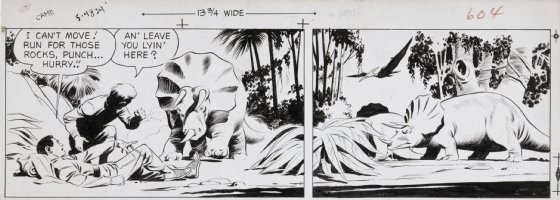 McWILLIAMS, AL - Twin Earths Sunday tier 2/21 1954, Punch & Torro in primitive jungle, hide from Dinos- Triceratops & Pteranodon Comic Art