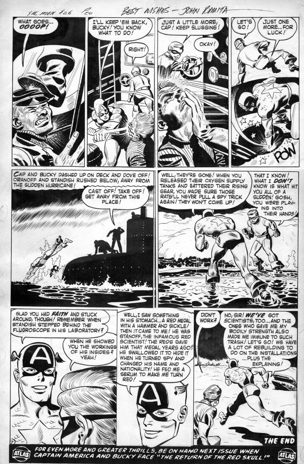 ROMITA, JOHN SR - Young Men #26 large last pg, 3rd Superhero issue -  Captain America & Bucky signed, 1954, in Stephen Donnelly's ROMITA SR, JOHN  - Spiderman, Daredevil, Marvel Comic Art Gallery Room