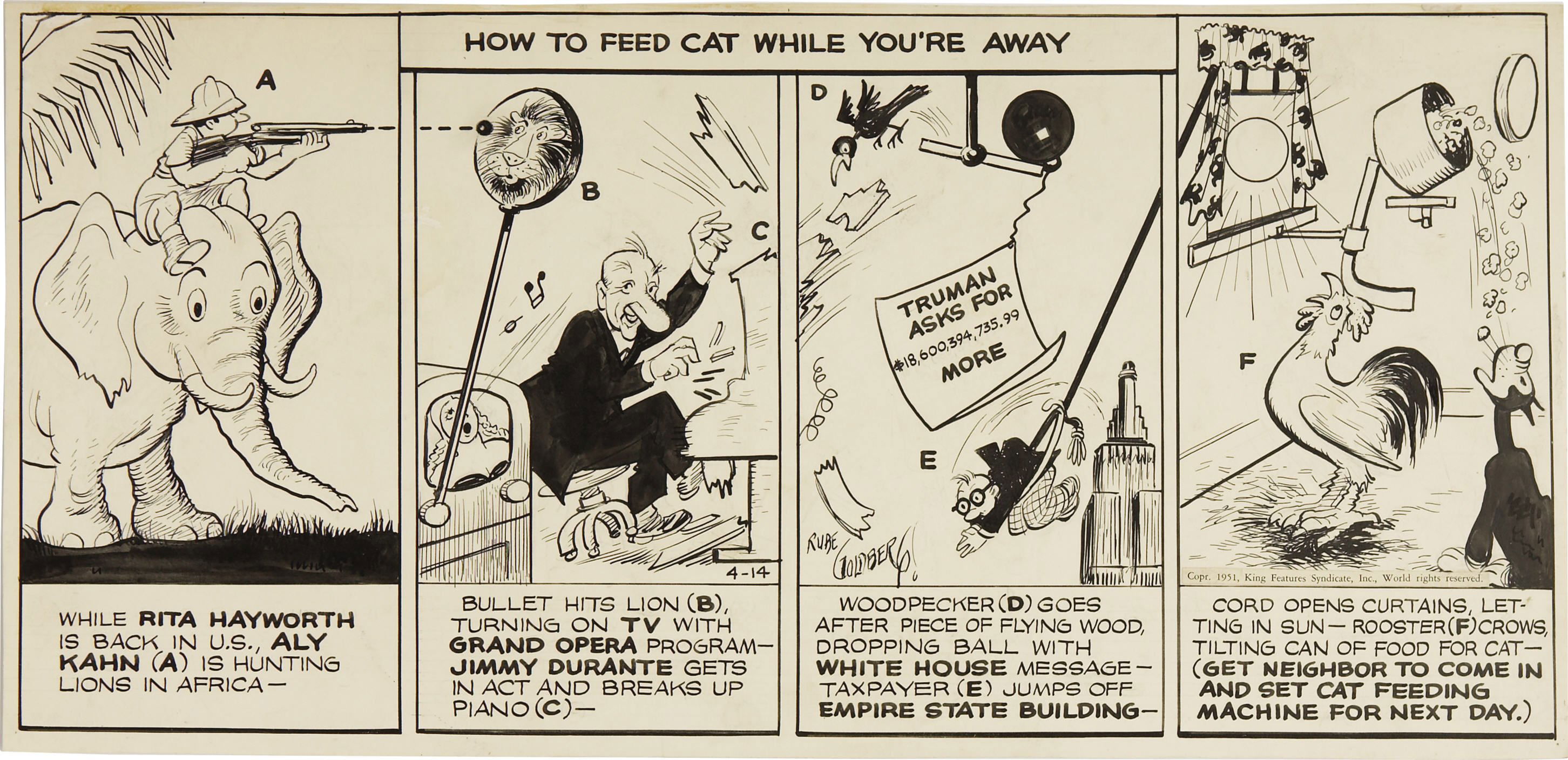 Goldberg, Rube - Crazy Invention strip 1951 art with Jimmy Durante