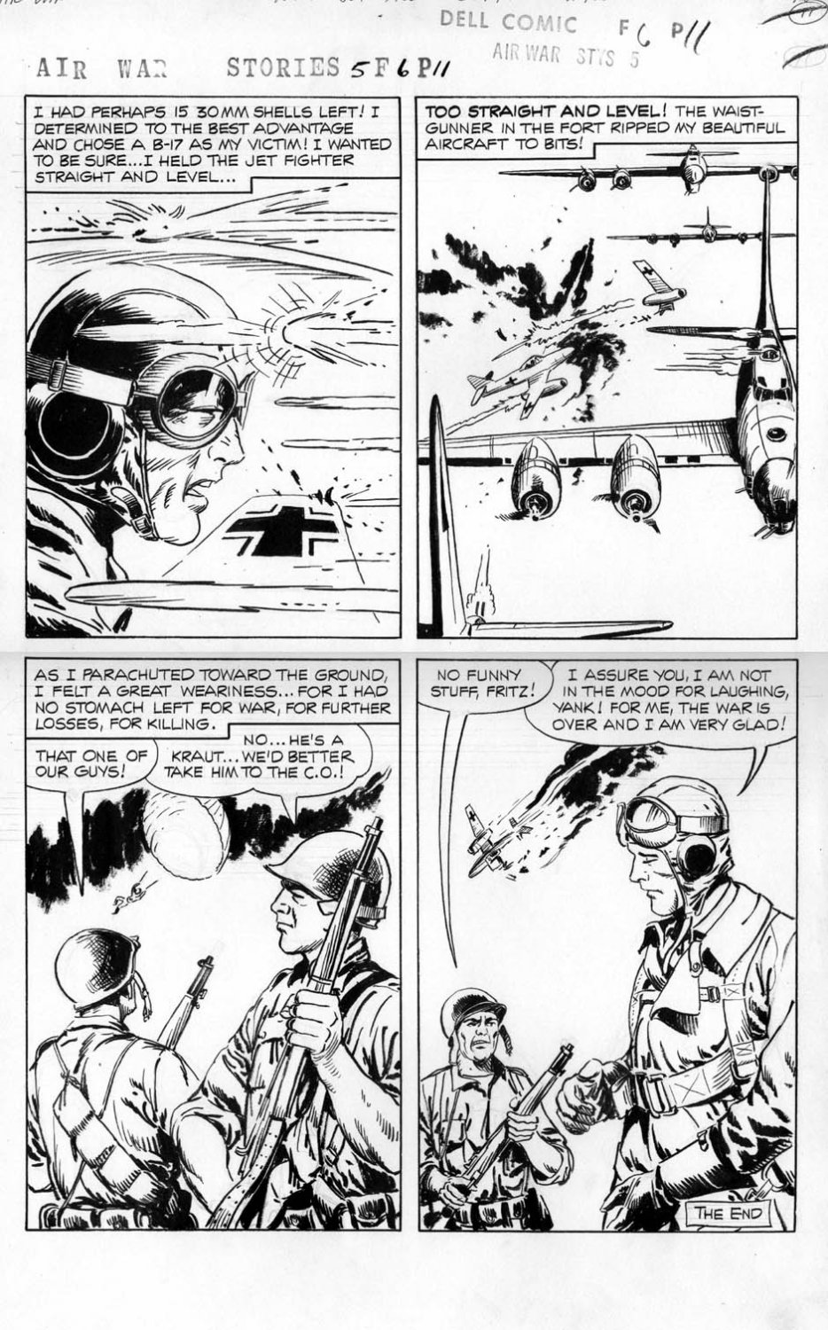 GLAZMAN, SAM - Air War Stories #5 DELL 2-up last pg 11, parachute to safety,  in Stephen Donnelly's GLAZMAN, SAM - DELL, DC - Kona, War Comic Art Gallery  Room