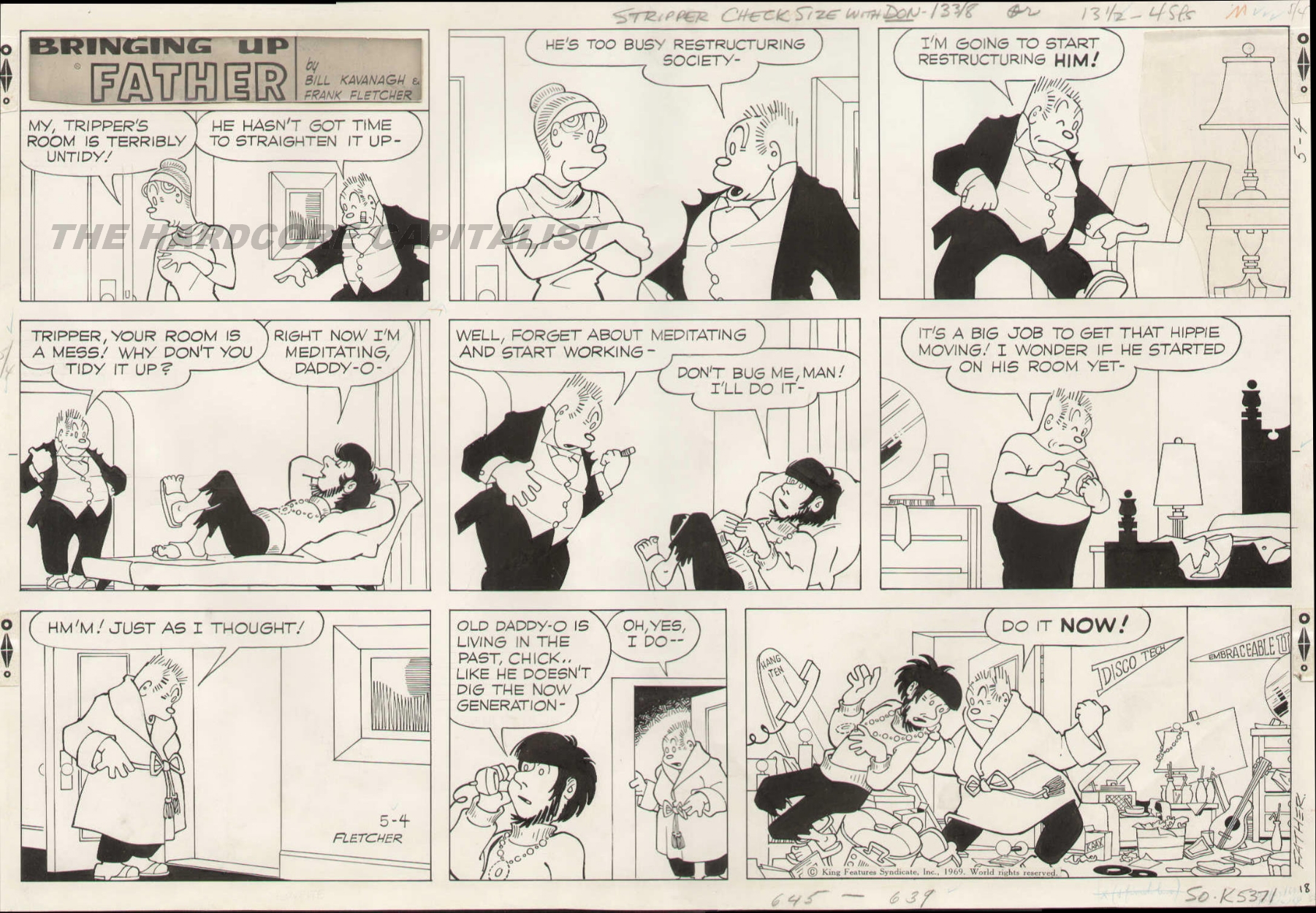 1969 BRINGING UP FATHER SUNDAY NEWSPAPER STRIP ORIGINAL ART - LAZY HIPPIE!,  in Jason G's Newspaper Comic Strip Art Comic Art Gallery Room