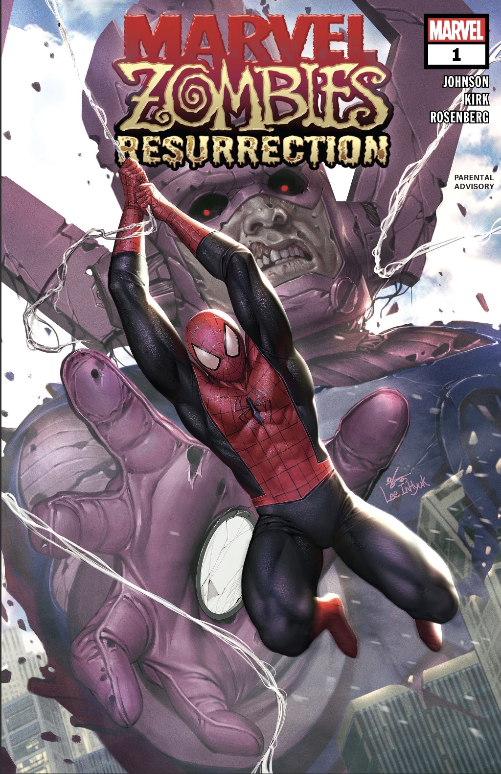 Marvel Zombies Resurrection #1 page 2 (2020) - Amazing Spider-Man, Mary  Jane, Valeria and Franklin Richards in F4 flying car vs zombie versions of Galactus  and Vulture , in J Ledger's Marvel