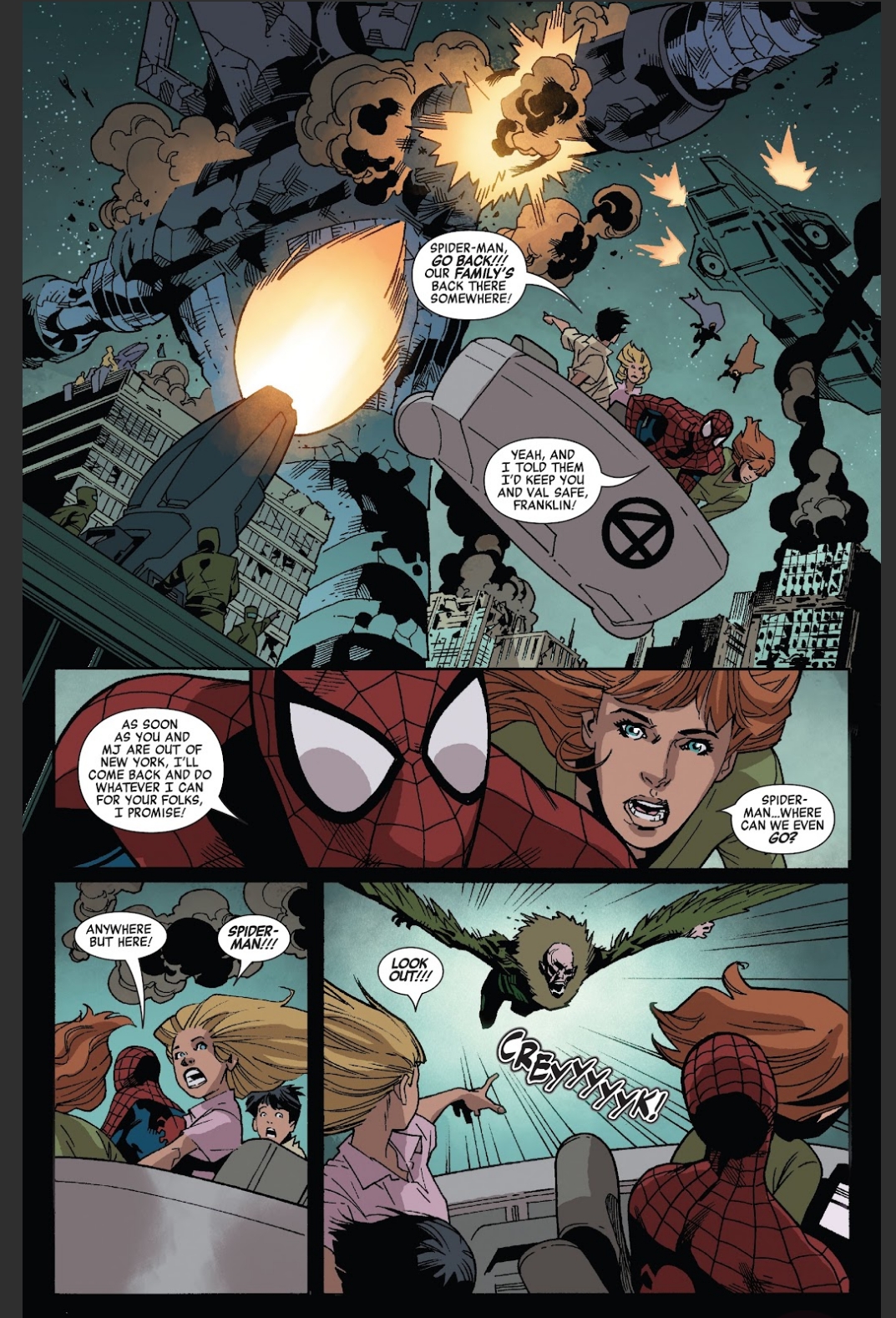 Marvel Zombies Resurrection #1 page 2 (2020) - Amazing Spider-Man, Mary  Jane, Valeria and Franklin Richards in F4 flying car vs zombie versions of Galactus  and Vulture , in J Ledger's Marvel