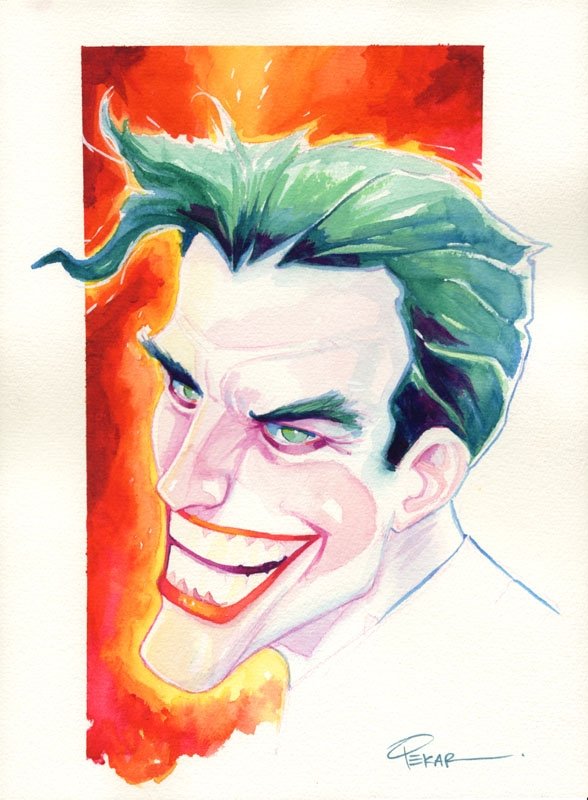 Joker Headshot, in Joe Pekar's Watercolor Paintings Comic Art Gallery Room