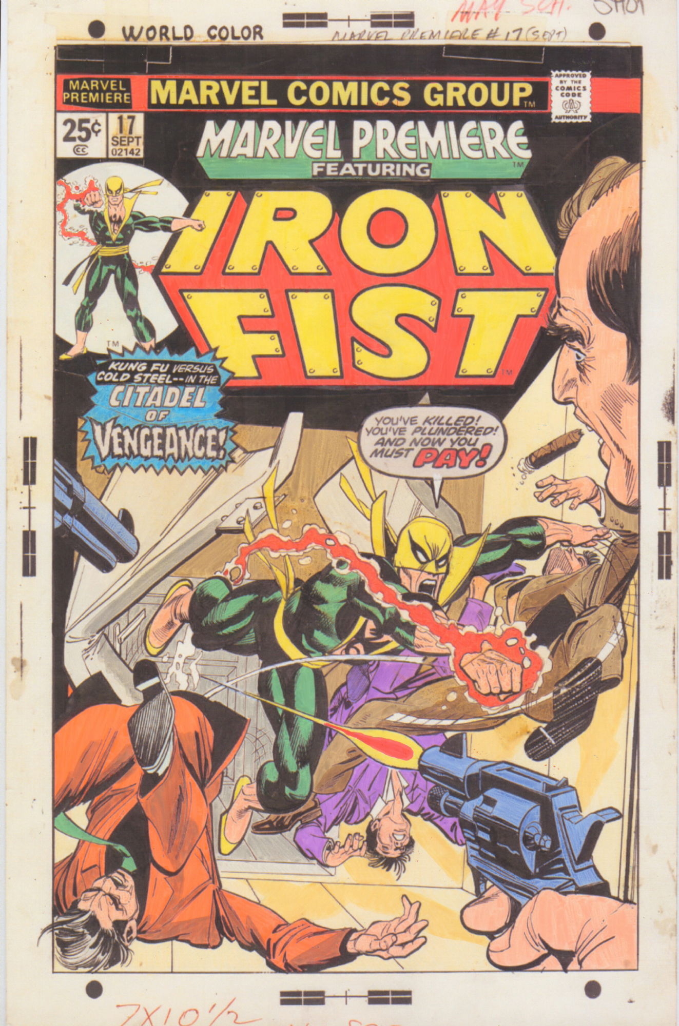 GIL KANE Marvel Premiere: Iron Fist # 17, cover Hand colored print, in THE  COMICART2003's My commissions Comic Art Gallery Room