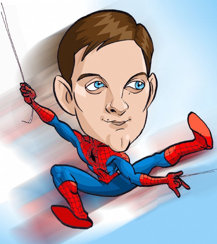 Tobey Maguire as Spider-Man, in Neil Posis's Caricatures Comic Art Gallery  Room